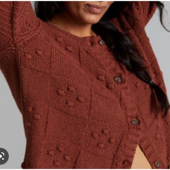 Anthropologie Pilcro Diana Cropped Cable Knit Cardigan Sweater Large Copper - Picture 3 of 12